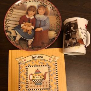 Bundle of 3 items: Sisters are a blessing decor plate, mug, hardcover book